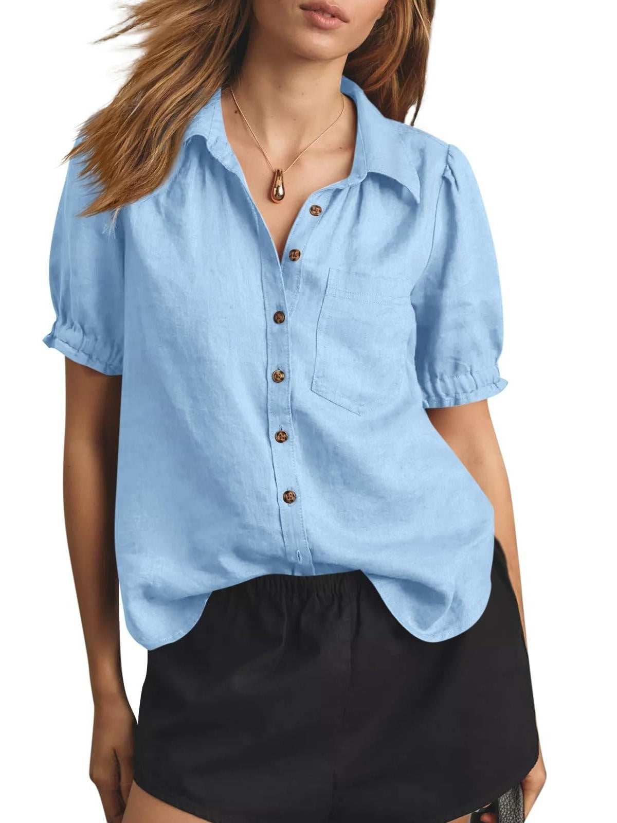 Women's Puff Short Sleeve Linen Blend Button-Down Shirt