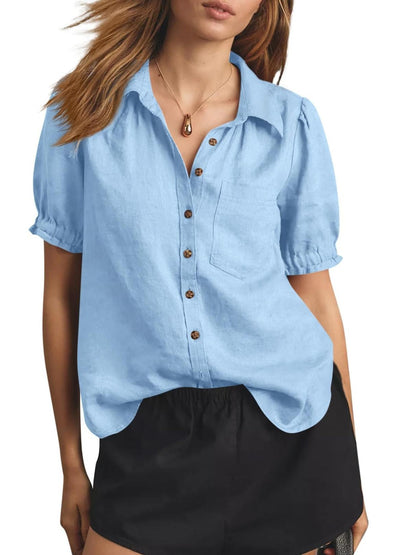 Women's Puff Short Sleeve Linen Blend Button-Down Shirt