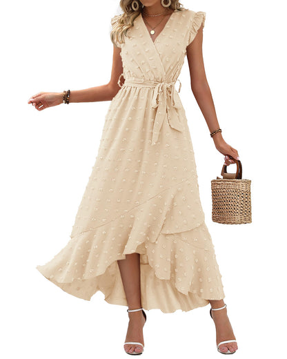 ✨Women's V Neck Cap Sleeve Swiss Dot Boho Flowy Ruffle Slit Long Maxi Dresses