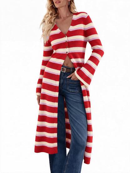 Women's V Neck Bell Sleeve Maxi Knit Cardigan