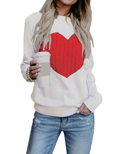 Women's Pullover Sweaters Long Sleeve Front Ribbed Knitted Cute Heart Sweater