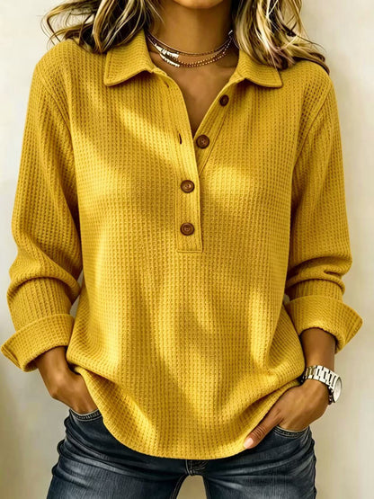 Hot Sale-Women's Waffle Lapel Half Button Long Sleeve Top