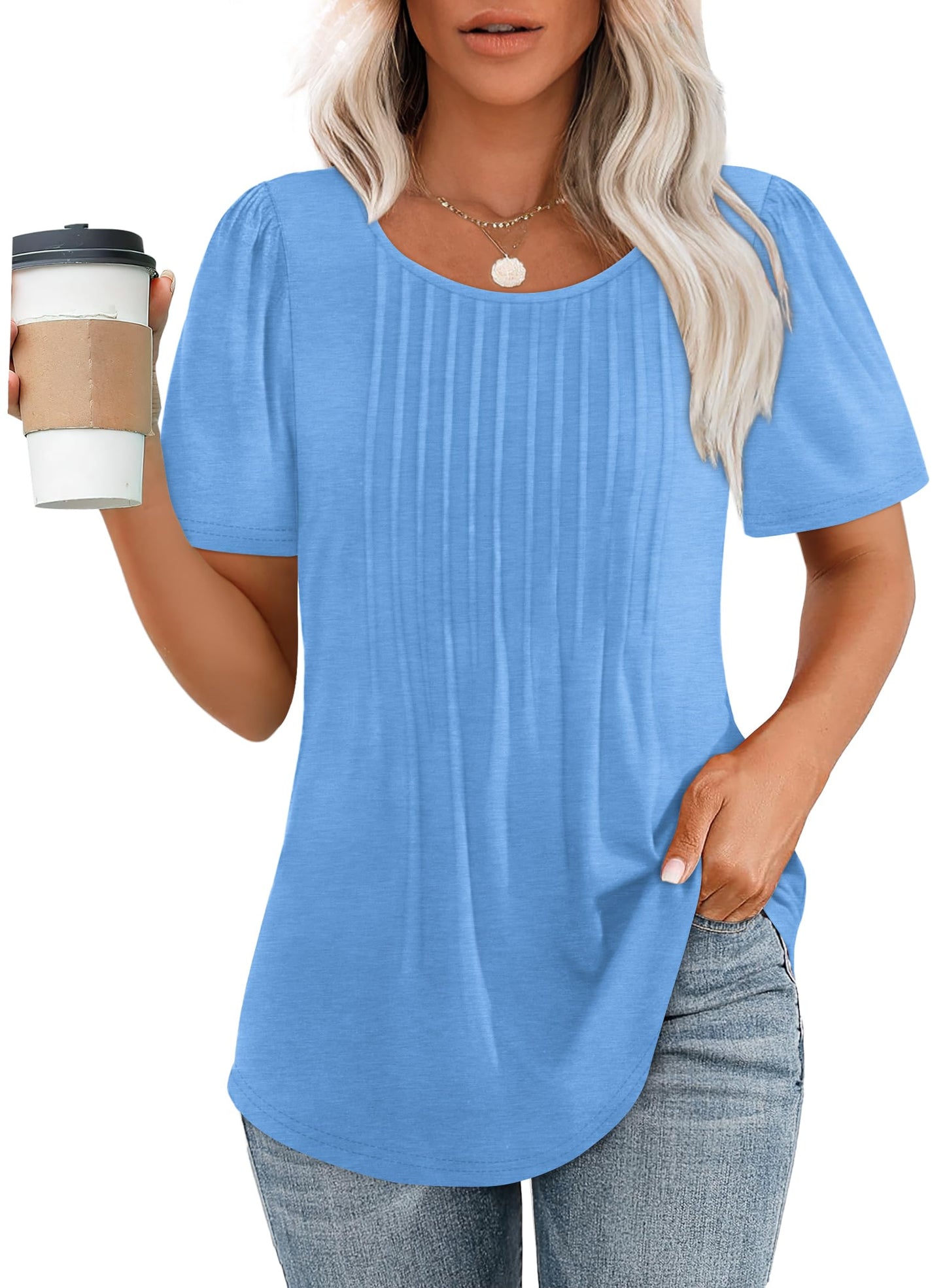 Women's Short Sleeve Pleated Dressy Casual Scooped Neck Tops