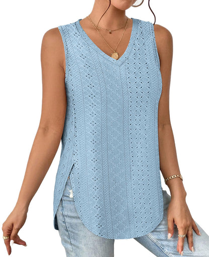 ✨ Womens V Neck Eyelet Embroidery Casaul Sleeveless Shirts