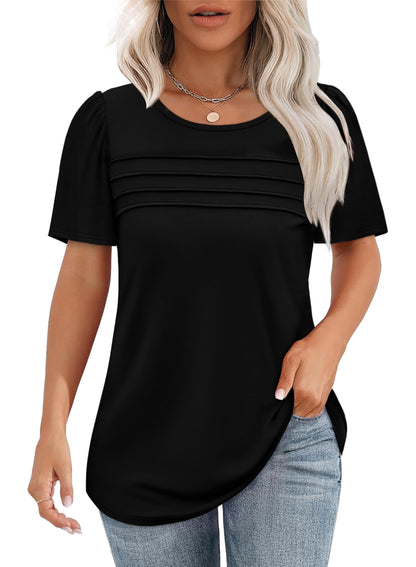 ✨Women's Short Sleeve Pleated Front Scooped Neck Tops