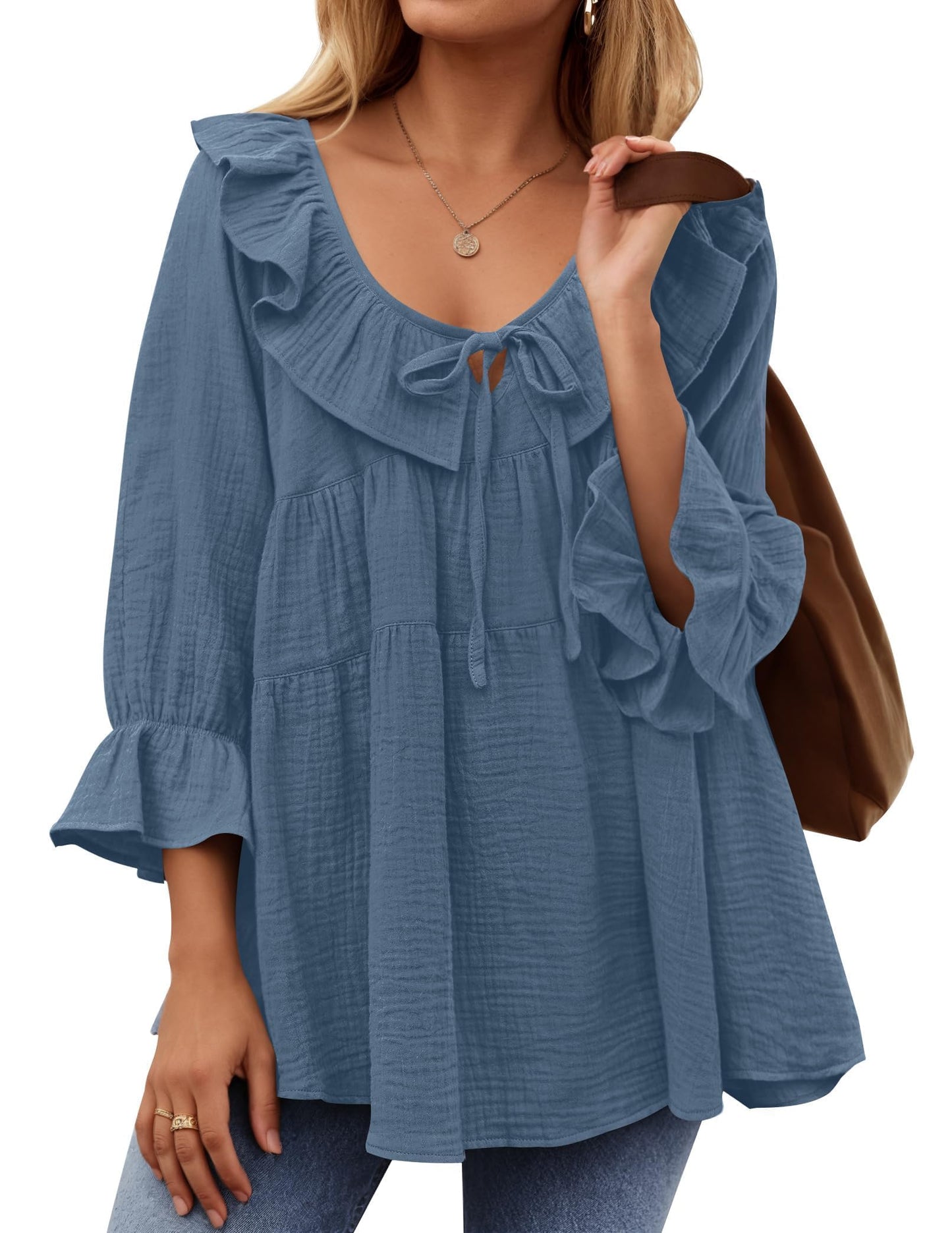 ✨2025 New Women’s Scoop Neck 3/4 Length Sleeve Tie Front Ruffle Tiered Tunic Shirts
