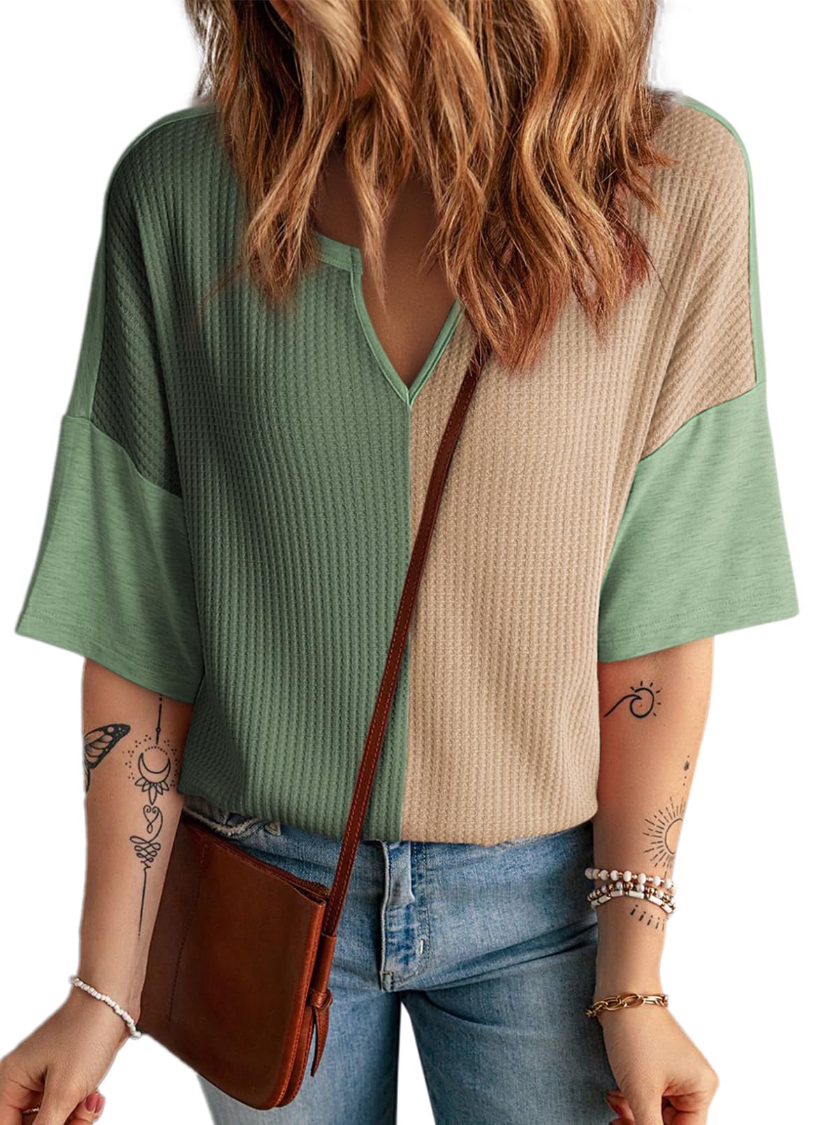 ✨Women's Half Sleeve Waffle Knit Casual V Neck Colorblock Patchwork Shirts