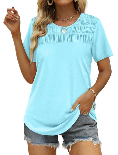 ✨Hot Sale-Women's Summer Tops 2025 Trendy Short Sleeve Shirts Smocked Crewneck Tee