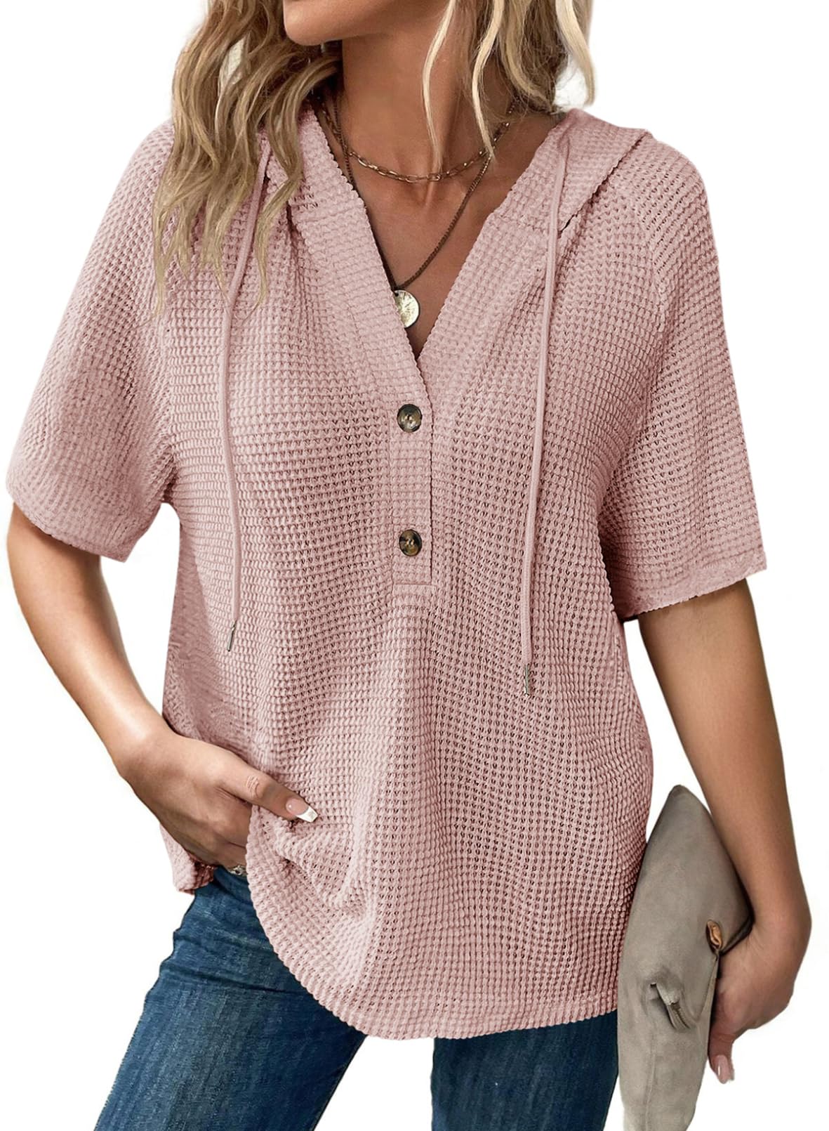 ✨Women's Waffle Knit Button V Neck Short Sleeve Lightweight Drawstring Hoodies(BUY 2 10% off)