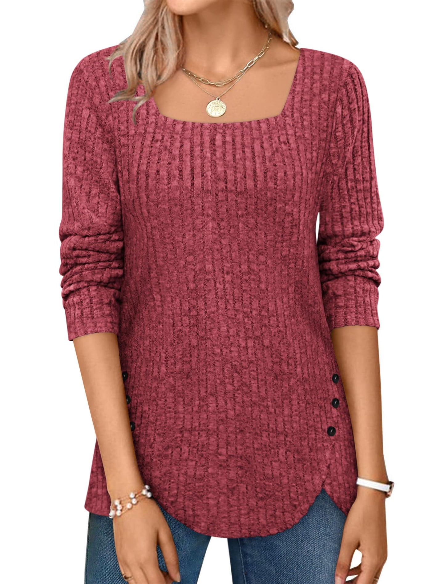 ✨Squared Neck Sweater Ribbed Knit Tunic Tee Shirts
