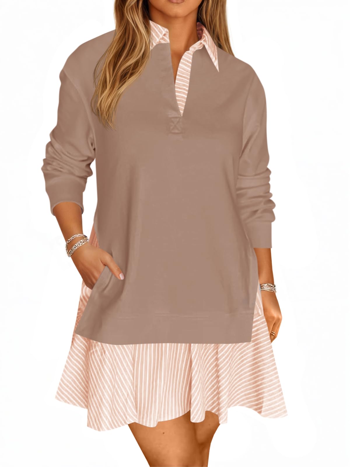 Limited time sale🔥Women's Oversized Collared V Neck Patchwork Sweatshirt Dress