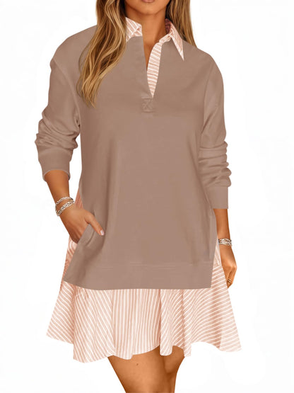 Limited time sale🔥Women's Oversized Collared V Neck Patchwork Sweatshirt Dress