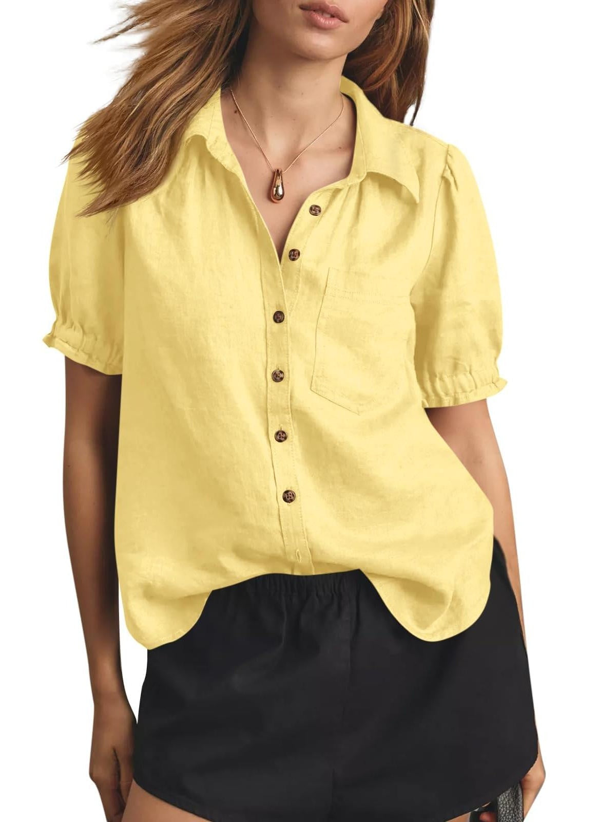 Women's Puff Short Sleeve Linen Blend Button-Down Shirt
