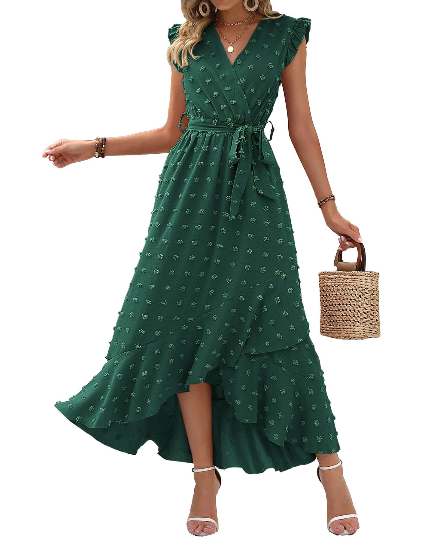 ✨Women's V Neck Cap Sleeve Swiss Dot Boho Flowy Ruffle Slit Long Maxi Dresses