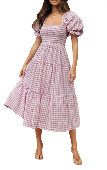 ✨Women's 2025 Summer Plaid Tiered Square Neck Puff Sleeve Ruffle Flowy Midi Dress