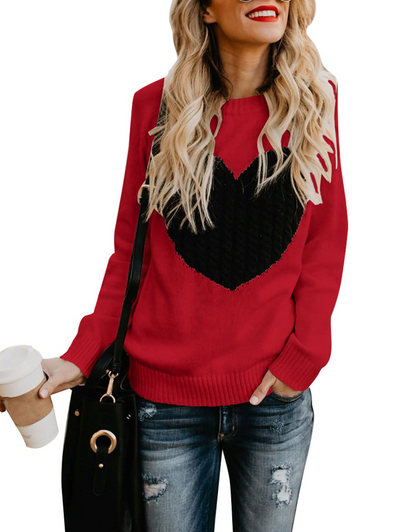 Women's Pullover Sweaters Long Sleeve Front Ribbed Knitted Cute Heart Sweater