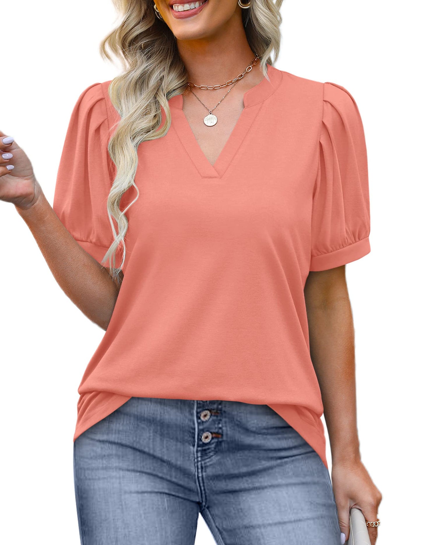 ✨Women's Pleated Puff Sleeve V Neck Tunic Tops