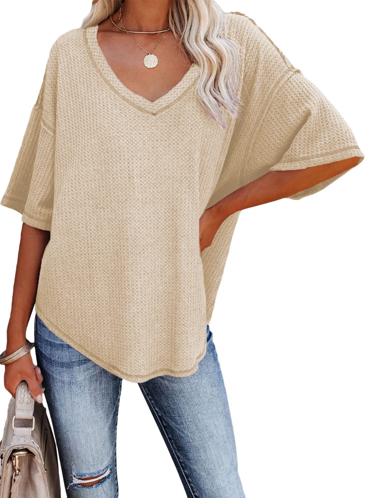 ✨Women's Causual V Neck Short Sleeve Shirts Waffle Knit Loose Tunic Tops