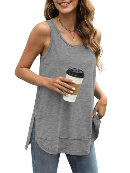 Women Scoop Neck Summer Side Split Sleeveless Shirts
