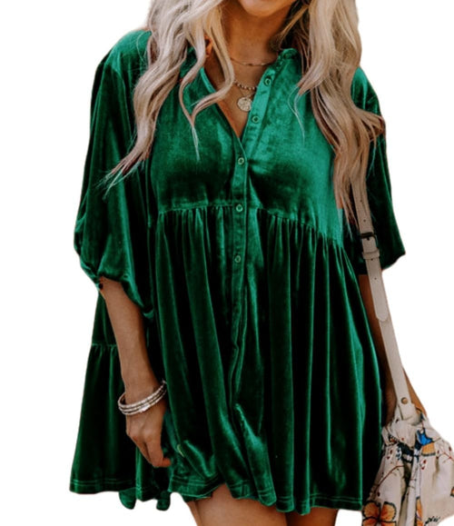 💥Womens Velvet Dress Button Down T Shirt 3/4 Sleeve Tunic Tops