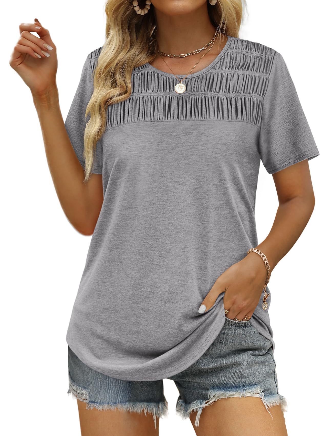 ✨Hot Sale-Women's Summer Tops 2025 Trendy Short Sleeve Shirts Smocked Crewneck Tee