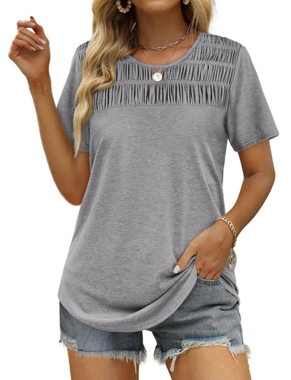 ✨Hot Sale-Women's Summer Tops 2025 Trendy Short Sleeve Shirts Smocked Crewneck Tee