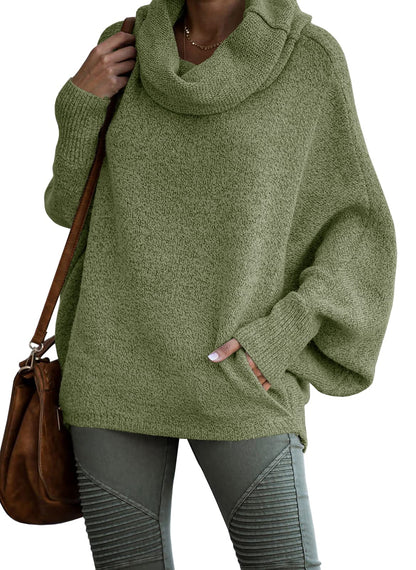 Women's Cowl Neck Batwing Sleeve Pullover Sweater with Pockets(50% OFF)
