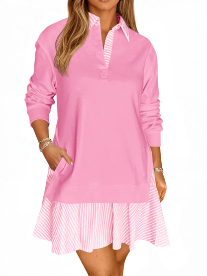 Limited time sale🔥Women's Oversized Collared V Neck Patchwork Sweatshirt Dress