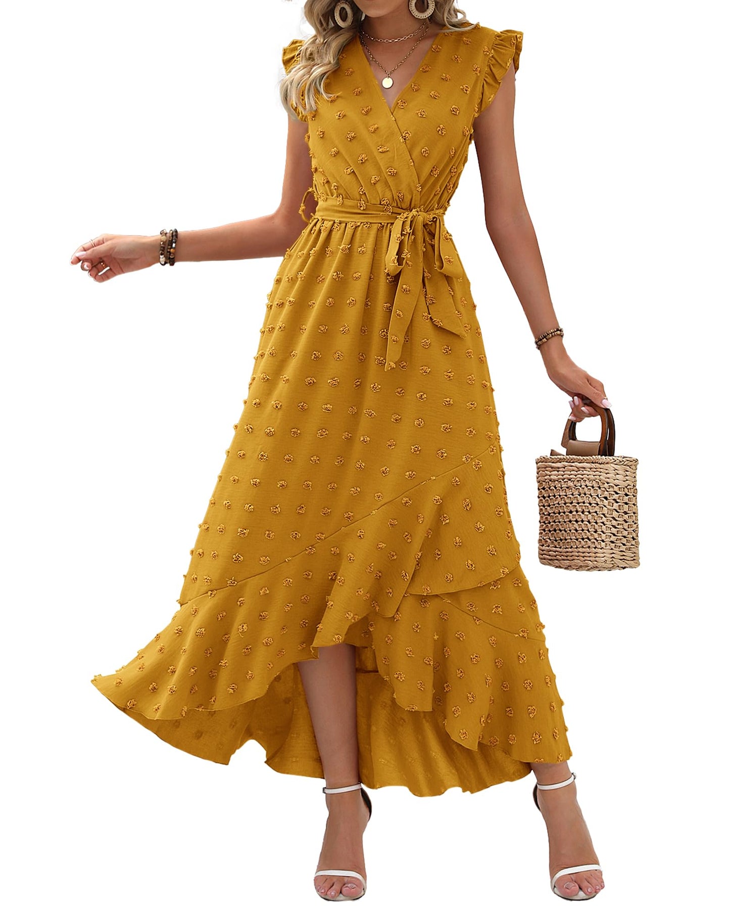 ✨Women's V Neck Cap Sleeve Swiss Dot Boho Flowy Ruffle Slit Long Maxi Dresses