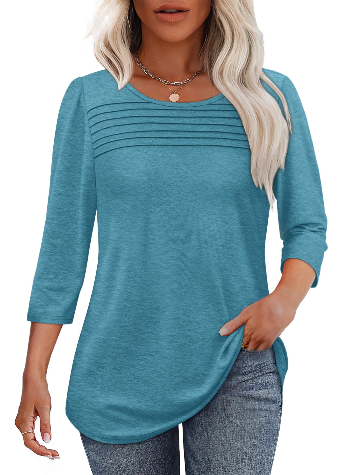 ✨ Women's 3/4 Length Sleeve Top Pleated Front T-Shirt
