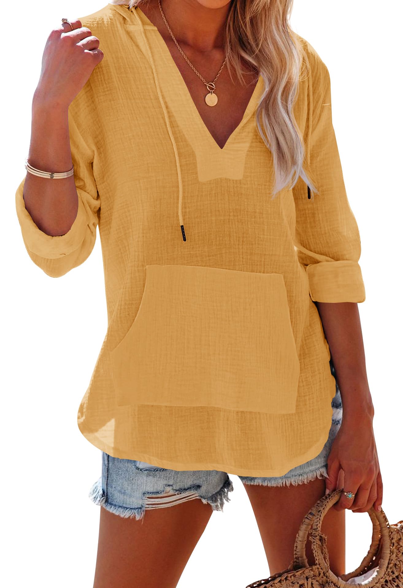 ✨ Women's Long Sleeve V Neck Pocketed Hooded Shirt Top