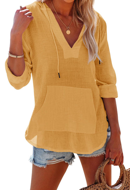 ✨Women's Long Sleeve V Neck Pocketed Hooded Shirt Top
