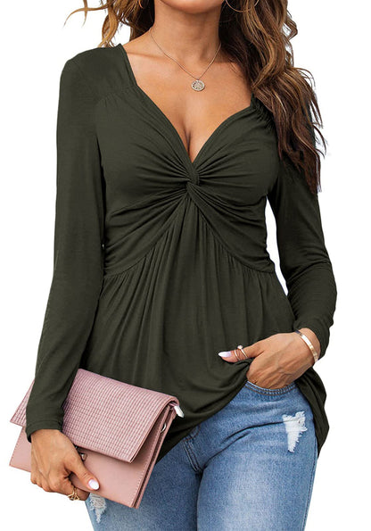 Hot Sale Women V-Neck Front Knotted Long Sleeve Casual Solid Color Pullover Tops