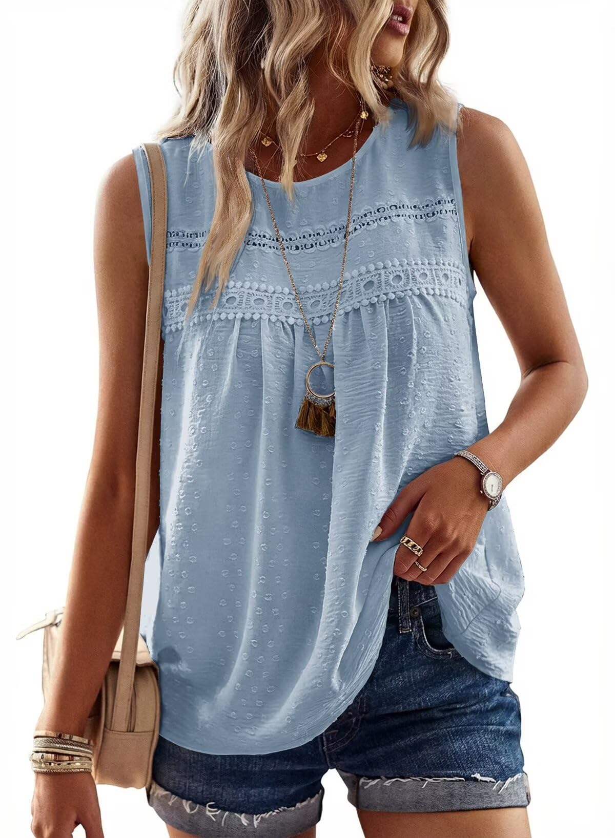 Womens Crewneck Sleeveless Flowy Lace Hem Tank Tops