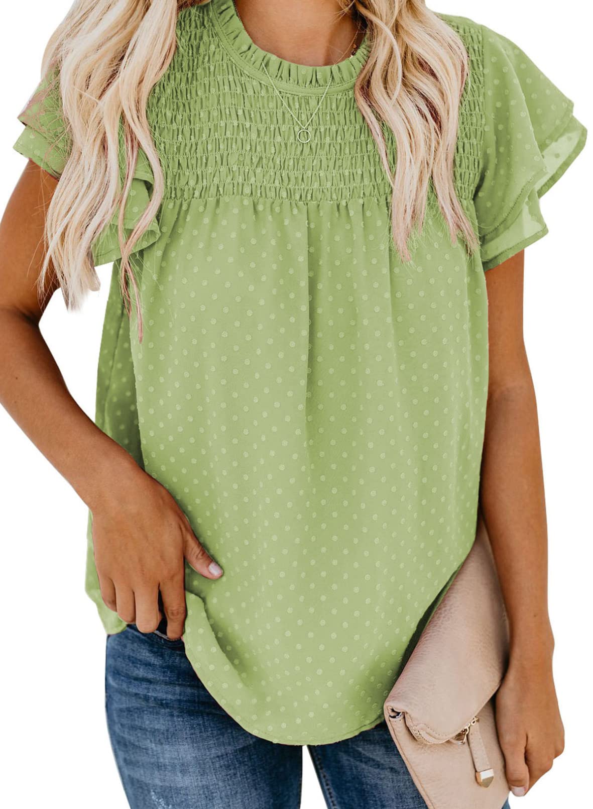 ✨Womens Crewneck Lace Crochet Pom Pom Flowy Short Sleeve Casual Shirts Blouses