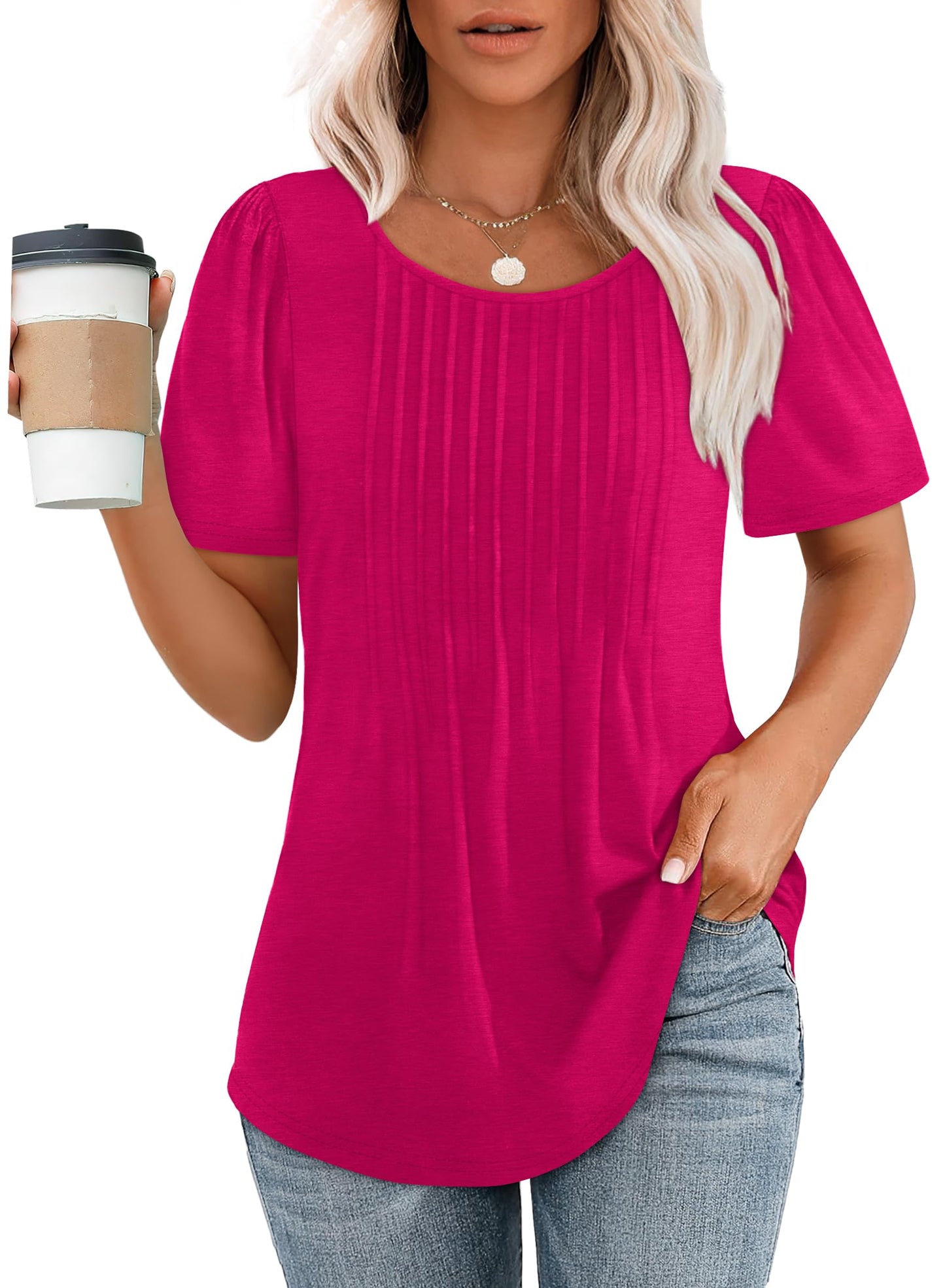 ✨Women's Short Sleeve Pleated Dressy Casual Scooped Neck Tops