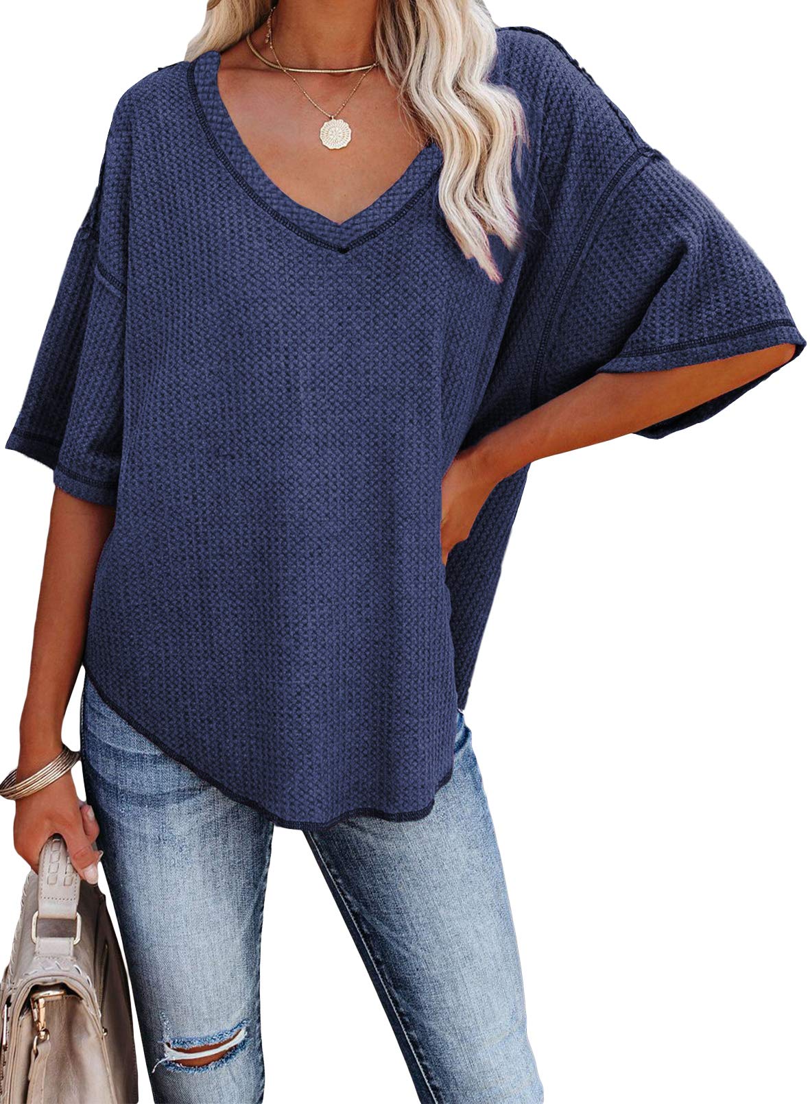 ✨Women's Causual V Neck Short Sleeve Shirts Waffle Knit Loose Tunic Tops
