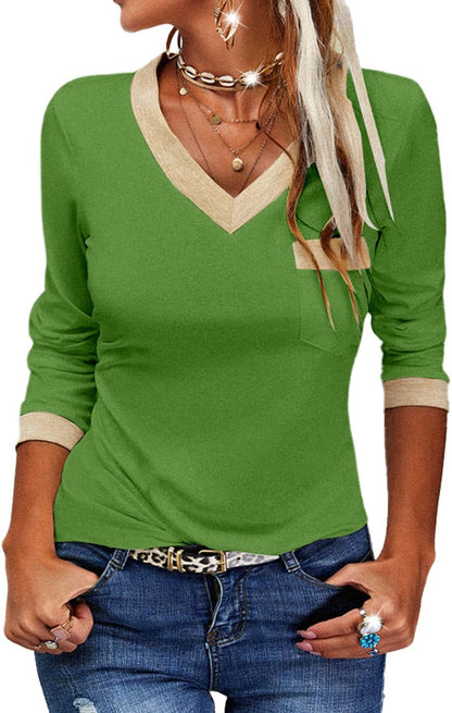 ✨Womens Long Sleeve T Shirts Casual V Neck Color Block Tunic Tops
