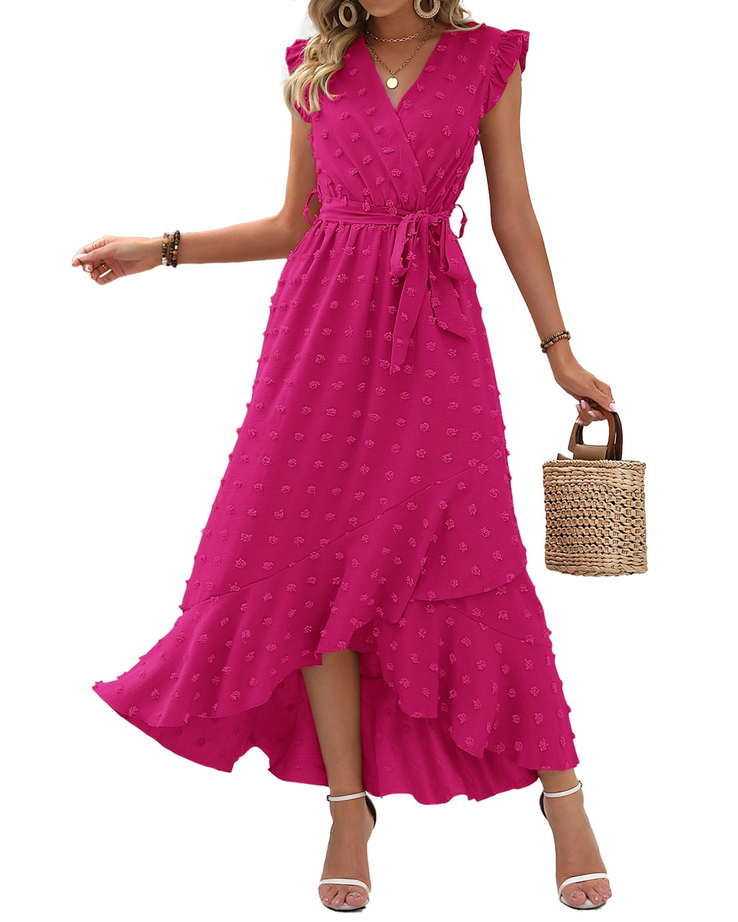 ✨Women's V Neck Cap Sleeve Swiss Dot Boho Flowy Ruffle Slit Long Maxi Dresses