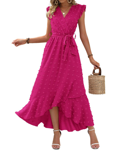 ✨Women's V Neck Cap Sleeve Swiss Dot Boho Flowy Ruffle Slit Long Maxi Dresses