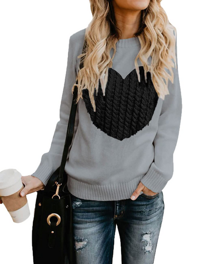 Women's Pullover Sweaters Long Sleeve Front Ribbed Knitted Cute Heart Sweater