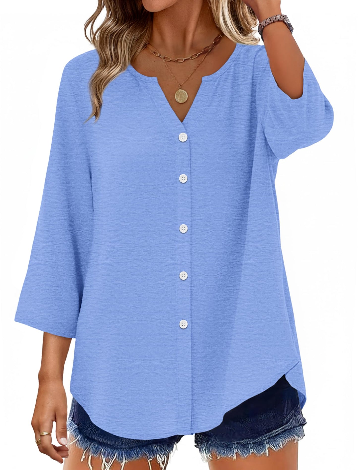 ⏰Hot Sale-Women's Cotton 3/4 Sleeve Button Down Gingham Shirts
