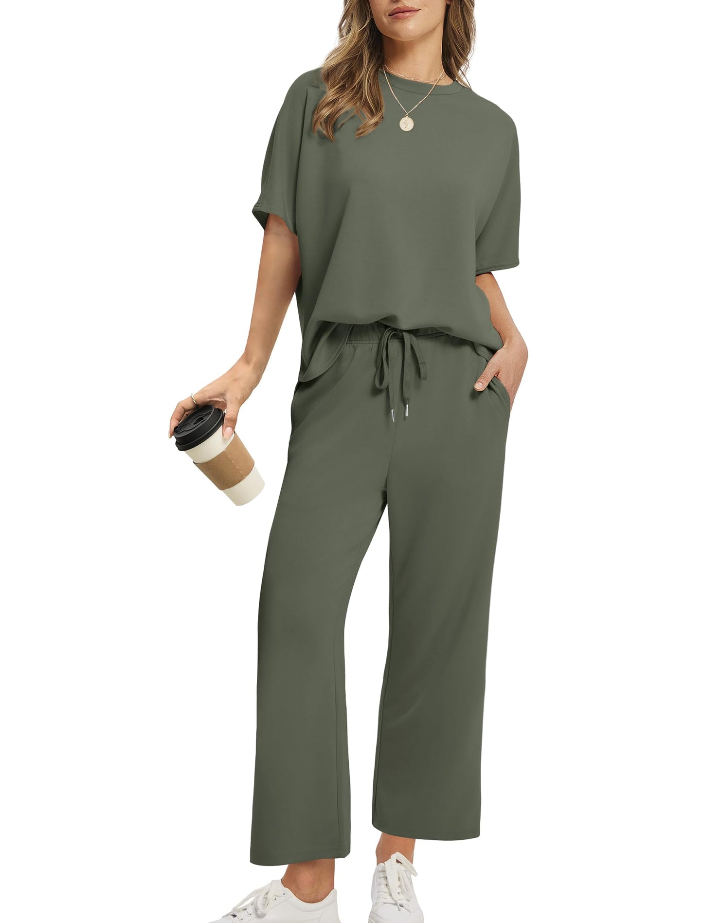 Women Oversized Tshirt and Wide Leg Crop Pants 2 Piece Sets