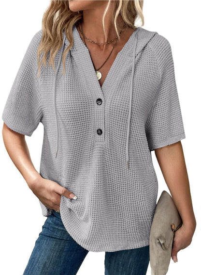 ✨Women's Waffle Knit Button V Neck Short Sleeve Lightweight Drawstring Hoodies(BUY 2 10% off)