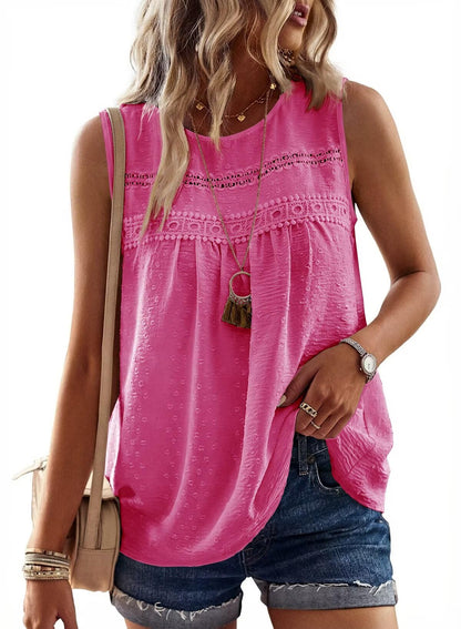 Womens Crewneck Sleeveless Flowy Lace Hem Tank Tops