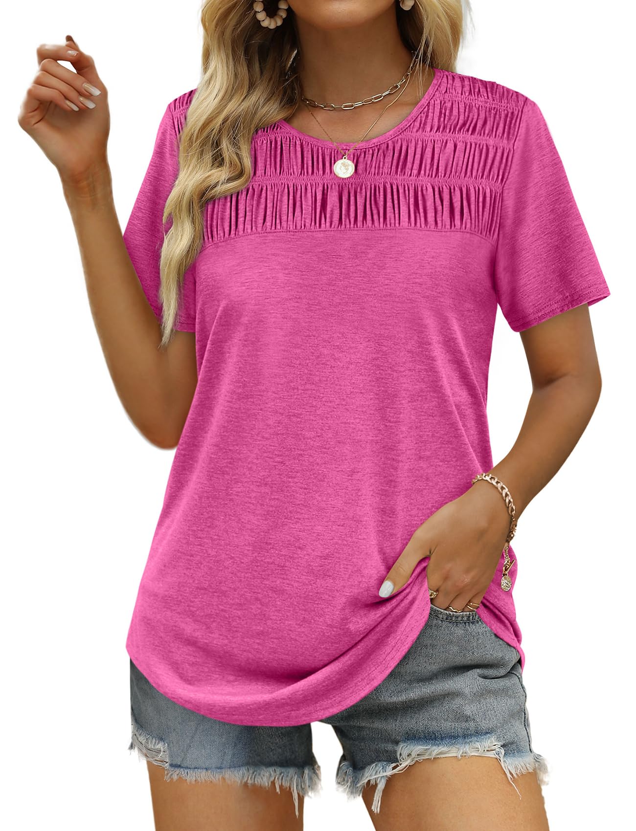 ✨Hot Sale-Women's Summer Tops 2025 Trendy Short Sleeve Shirts Smocked Crewneck Tee