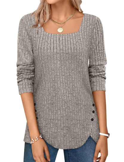 ✨Squared Neck Sweater Ribbed Knit Tunic Tee Shirts