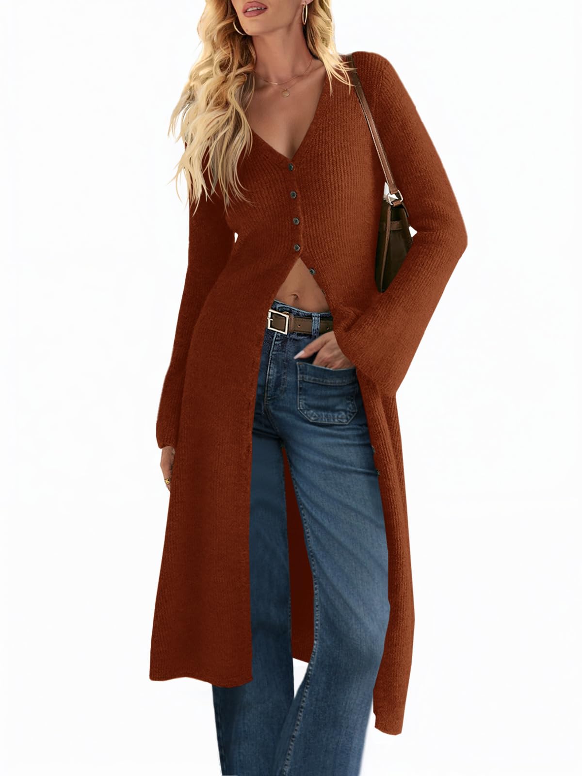 Women's V Neck Bell Sleeve Maxi Knit Cardigan