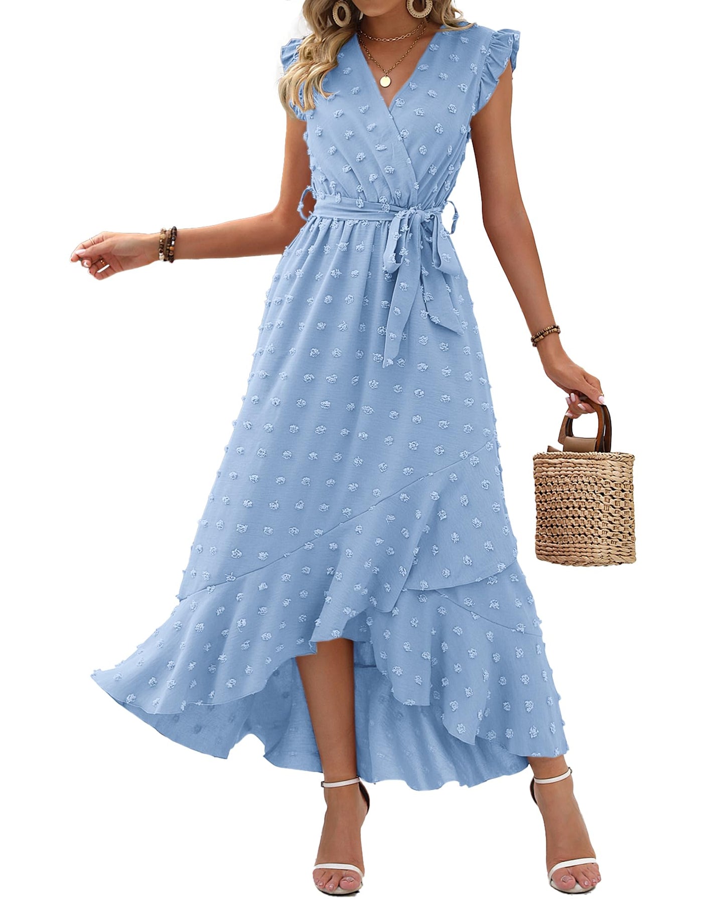 ✨Women's V Neck Cap Sleeve Swiss Dot Boho Flowy Ruffle Slit Long Maxi Dresses