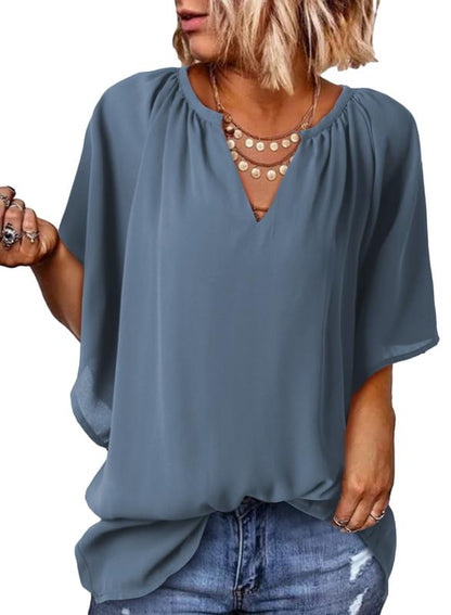 ✨ New Women's V Neck 3/4 Batwing Sleeve Blouse Pleated Flowy Tunic Tops